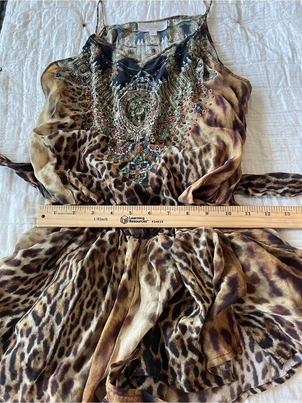 Camilla Leopard Print Silk embellished rhinestone Romper Playsuit in Brown & Tan - Picture 15 of 16